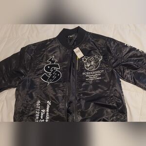 Black Bomber Jacket with Graphic Design